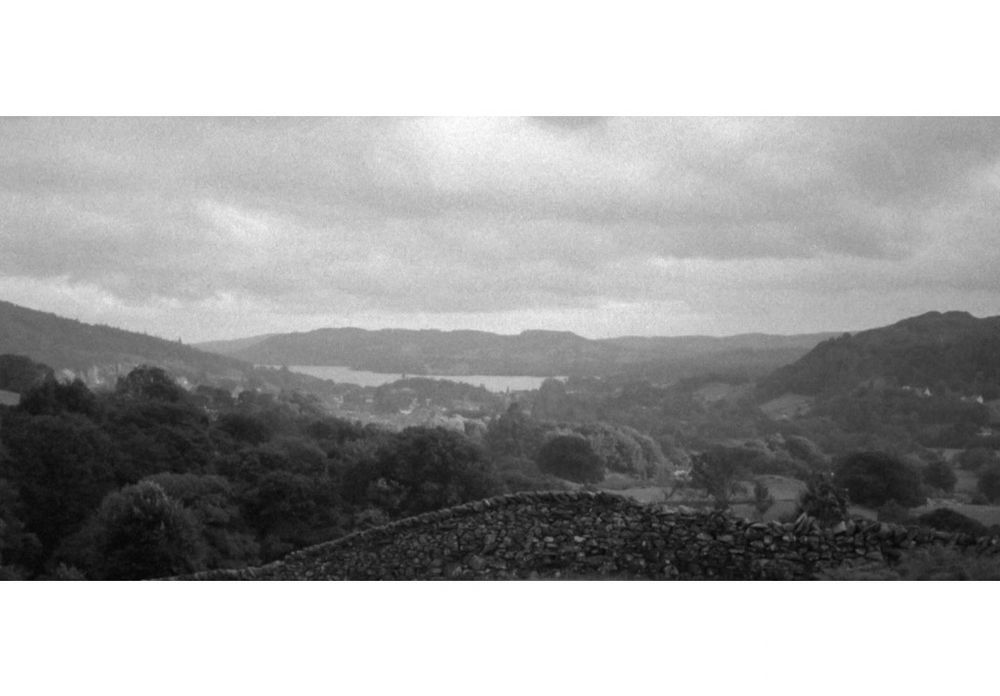 A black and white photograph of the Lake District landscape. In the background are the fells and Lake Windermere and in the foreground there is a summer foliage and a dry stone wall. There is an atmosphere of stillness and tranquility.