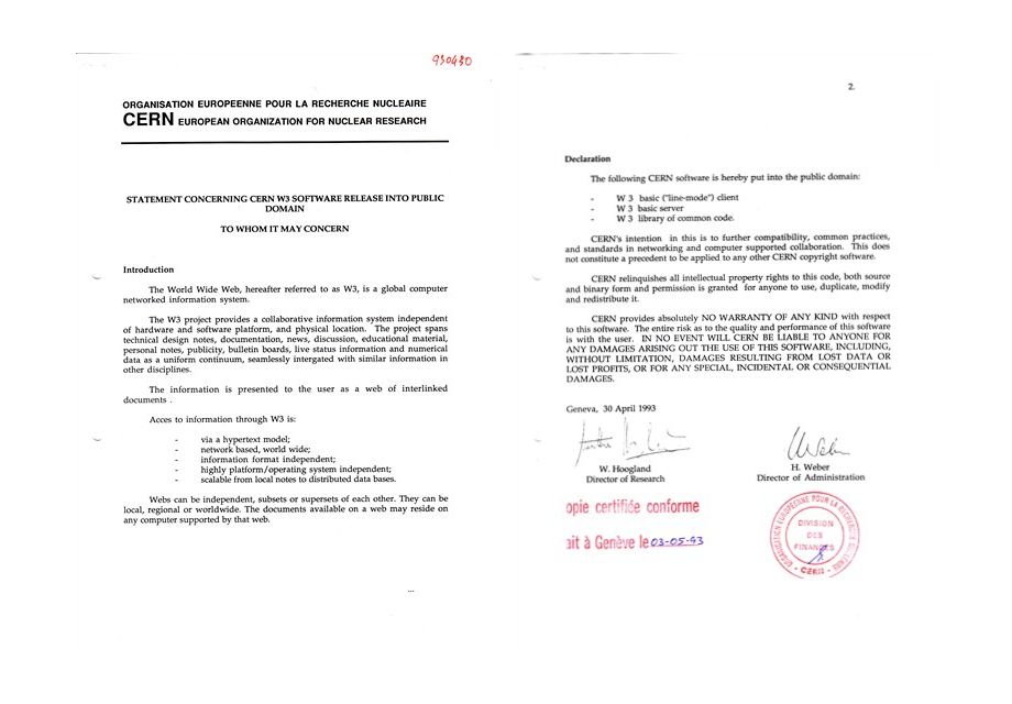Two scanned pages of a "statement concerning CERN W3 software releasing into public domain", see link in the post for full text.