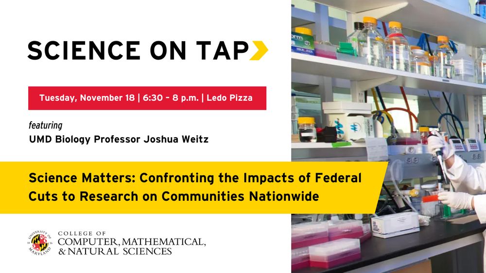 Graphic promoting Science on Tap on November 18, 2025, featuring UMD Biology Professor Joshua Weitz