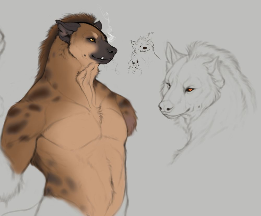 A screenshot of an unfinished digital drawing of a gnoll man. He has a wide, thick body and is based off a spotted hyena, with a short fluffy mane and light cream stomach. There is a detail headshot of his face on the right of the image, showing he is missing part of his left ear, and has a black hole in his left eye. 
