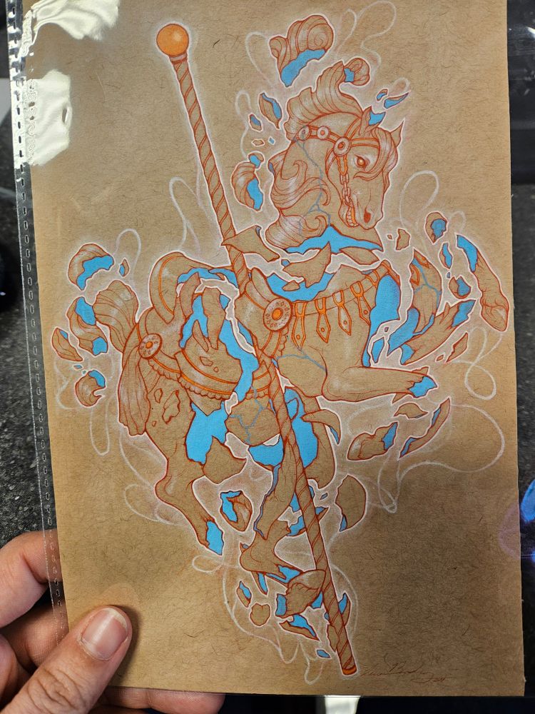 A carousel horse drawn in red ink on sepia toned paper. It is shattering, and the insides of the horse are a bright, matte sky blue
