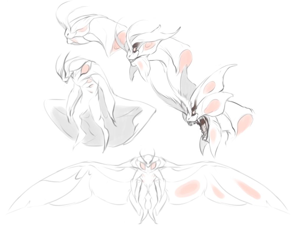 Concept sketches of a Mothman-like creature. It has moth and butterfly wings layered over its face, which unfurl when it snarls