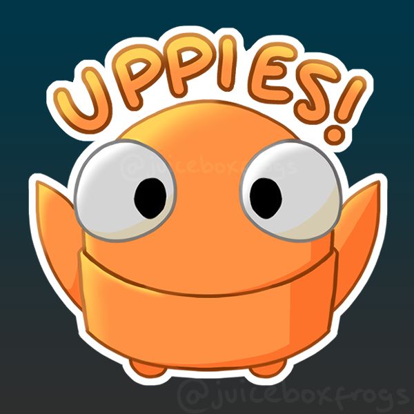 A drawing of the orange robot from the game R.E.P.O. with it's arms in the air and the text "UPPIES!" above it