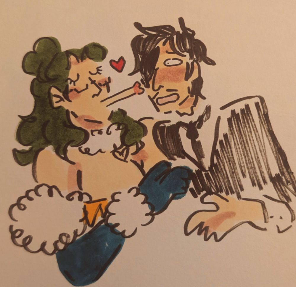 small cartoon of linhardt kissing hubert on the cheek with very cartoonishly long lips
