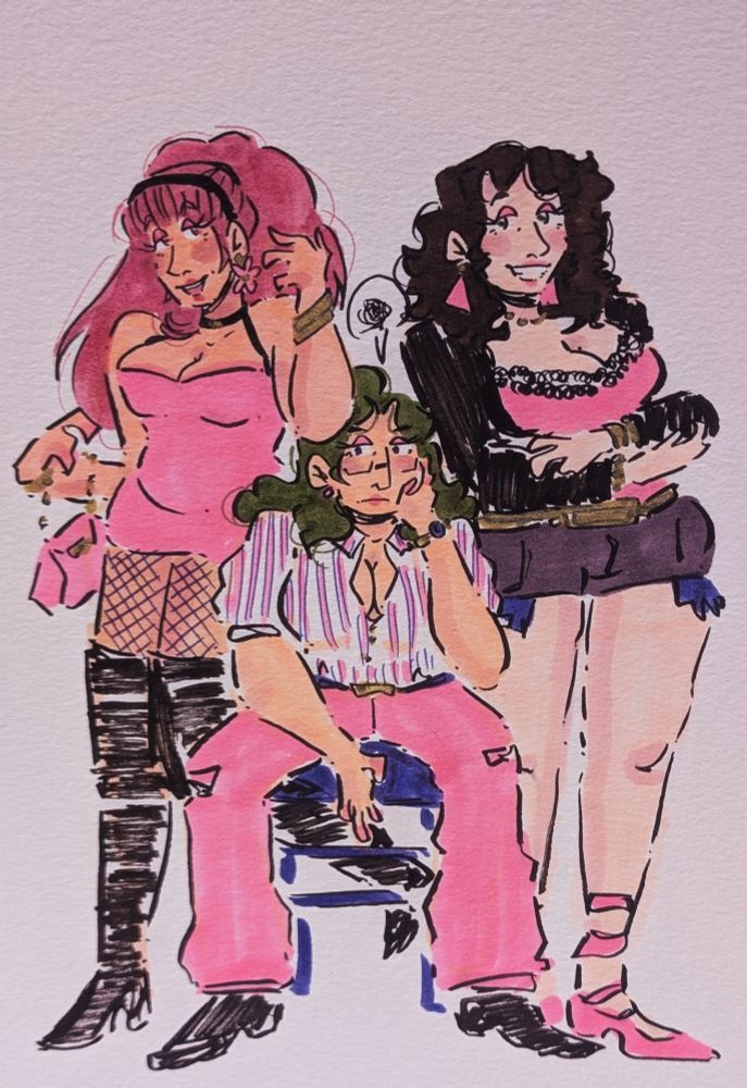 full body cartoon of Hilda, linhardt and dorothea. hildas elbow rests on linhardts head as she grumpily sits on a stool. dorothea is just chillin i guess