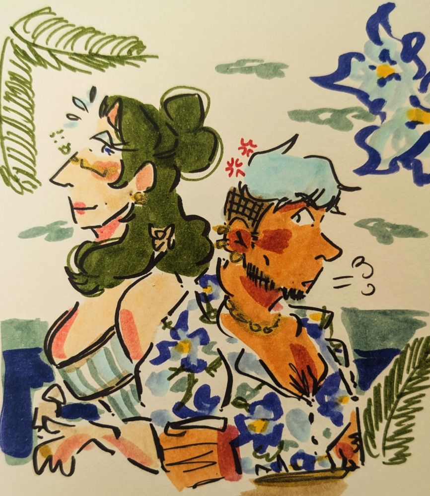 bust shot of a cheeky linhardt and a grumpy caspar in a tropical setting. lin has a thin rope string dress with vertical stripes and caspar has a blue and white floral Hawaiian t shirt with a gold chain