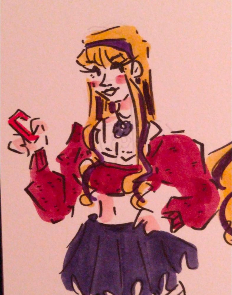 a sassy old half body of constance in her post time skip straight hair with iron on curls, she wears a burgundy and indigo sweater and mini skirt set