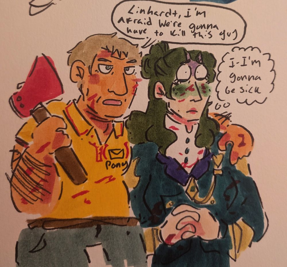 a rugged swansea puts his arm around a nauseous linhardt as they're both covered in blood. swansea sighs "linhardt, im afraid we're gonna have to kill this guy..." and lin is just trying not to vomit