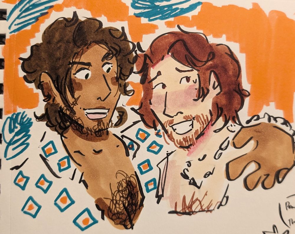 a headshot of claude and sylvain in my mafia au, they both have beards and claude is always wearing extremely vibrant shirts with various patterns, although i love putting track in everything i possibly can. Sylvain wears a plain white dress shirt most of the time with flashy pants instead. feel free to interpret whatever you want with that information.