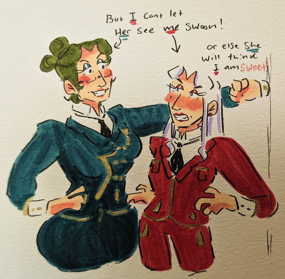 a devious fitted suit linhardt puts her arm above an gruff and grumbling tuxedo edelgard, with the lyrics of rio romeo's "butch4butch" song above "but i can't let her see me swoon, or else she will think i am sweet..."