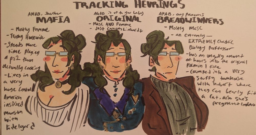 three busts of linhardt, one canon and two very heavily AU-ified by my little fan plot lines i have. from left to right:

mafia au, linhardt is a bisexual trans girl who's recently married to edelgard not knowing about ed's secret mob life (sort of a reference to pre time skip edelgard hiding the war.) she's kinda useless. she spends more time playing video games than actually doing household chores and she lives in a very beautiful central american inspired mansion. she smiles at the camera with big big boobies and jewelry all over

original linhardt, this lin can be anything you want them to be, although i prefer to still keep her a trans girl because there's a lot of really excellent lore about it. i love still giving her glasses though.

breadwinners au, linhardt is queer with no particularly defined label, although early into huberts transition a lot of people would assume them both to be lesbians lmao. she is a very chaotic professor living in a humble townhouse apartment that absolutely cannot fit 2 cats, a dog and a baby on the way but they'll probably figure something out. she often wears a turtleneck and a boxy suit that just makes her boobs even more boobily which is # hashtag awesome
