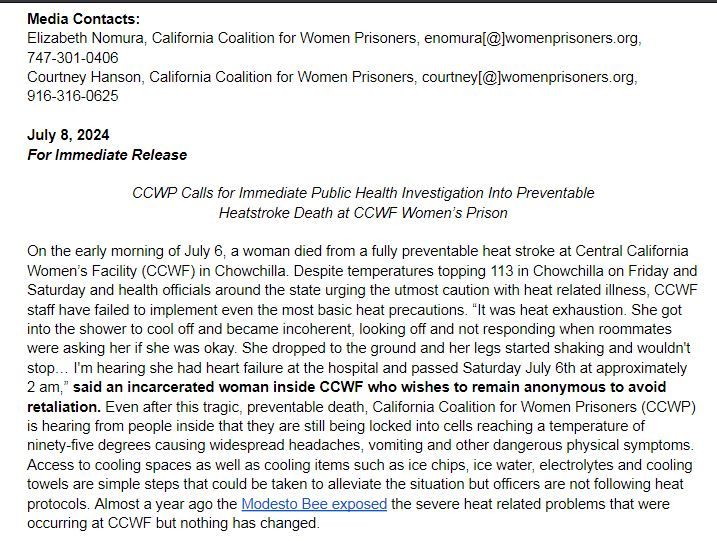 Page 1 of 2 of the Press release by California Coalition for Women Prisoners, CCWP, calling for an immediate Public Health Investigation into preventable heatstroke death at CCWF Women's prison at Chowchilla, CA
