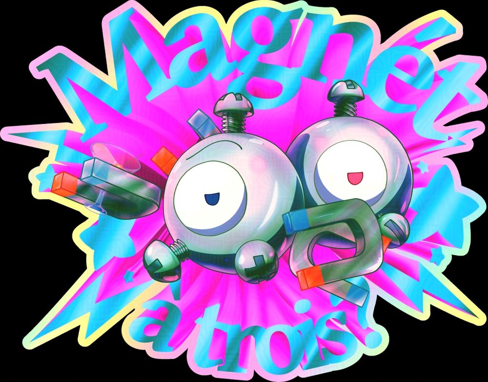 Image of two magnemite, one holding a martini glass, the other caressing the first with the words "Magnét à trois?" dynamically popping from behind, framing the two with lightening bolts and on stars to the side.