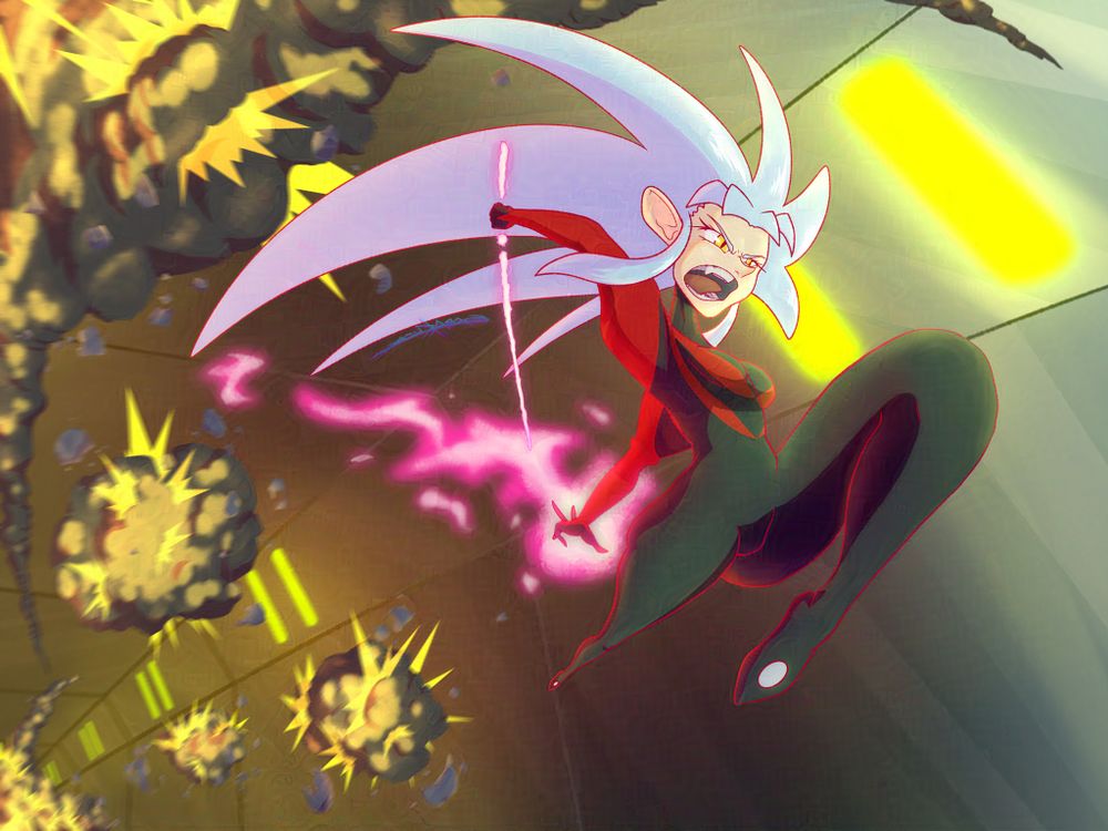 Character Ryoko Hakubi screaming and flying down a metal hallway toward the right in her red and black battle suit, left knee bent up and right let stretch back leaping forward in the air. Her right arm raised over and behind her head with her light sword and her left hand trailing behind with a reddish pink flame. In the background five explosions.