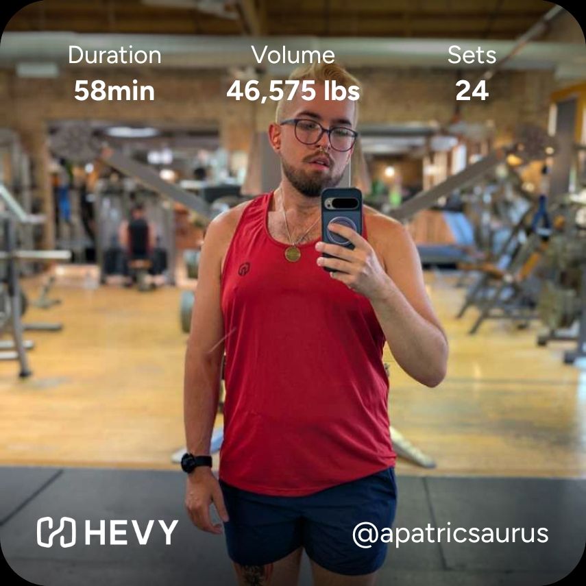 Gym mirror selfie of me in a red tank and navy shorts. Hevy workout info included. 