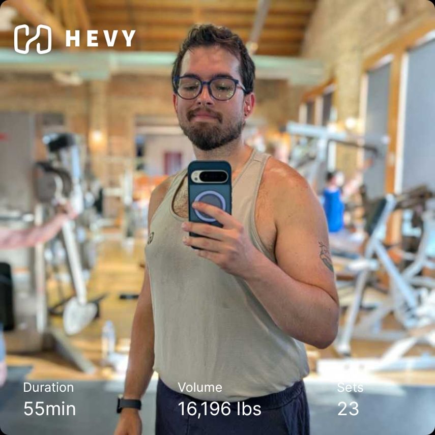Gym mirror selfie of me in a grey tank and navy shorts. Hevy workout info included 