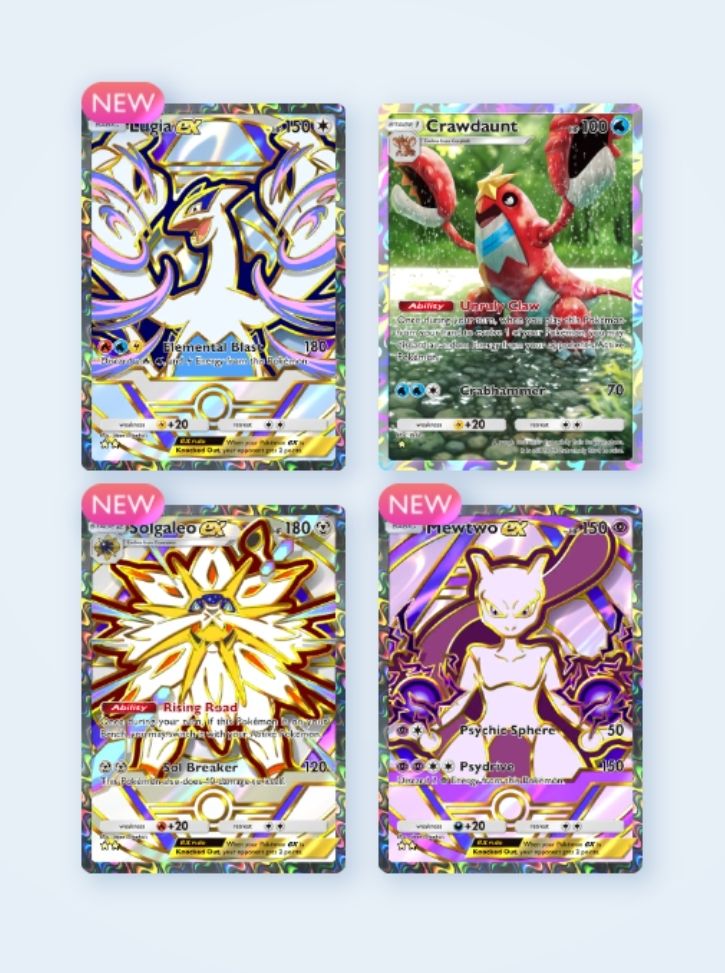 Pack of cards from Pokemon TCG Pocket of Lugia EX, Solgaleo EX, Mewtwo EX, and (sadly) Crawdaunt.
