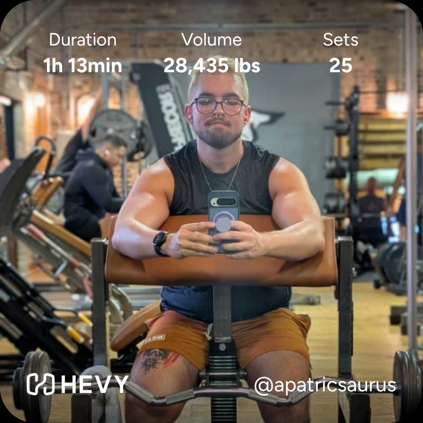 Gym mirror selfie of me at the preacher curl stand in a grey tank and orange shorts. Hevy workout info included 