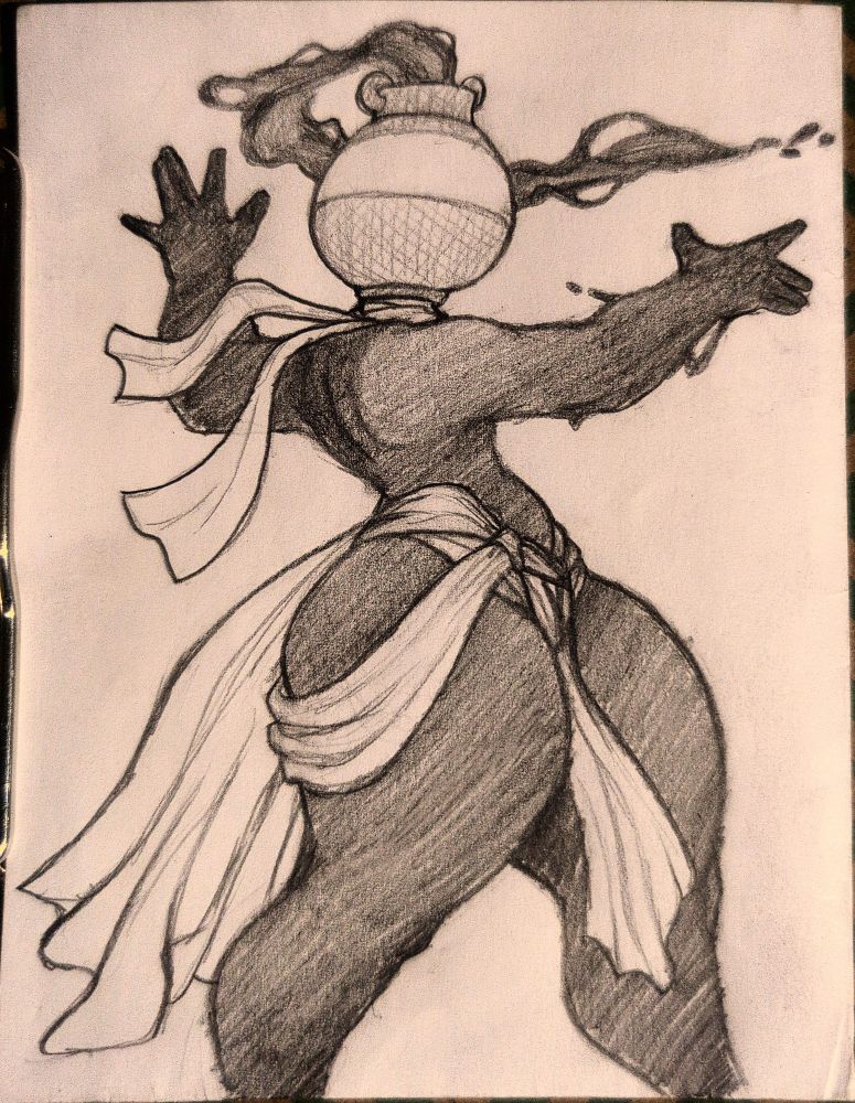 Peacekeeper, a tarfolk Aphelian from the Risk of Rain setting, described as a femboy due to his very large thighs and butt compared to an otherwise svelte form.

He is striking an elegant pose as he conjures a stream of tar from the pot on his head. Droplets of the same black substance splash off of his arm.

Though mostly nude, some basic flowy wrappings hang loose around his waist and backside, along with a tight wrap around his neck fluttering like a scarf.
