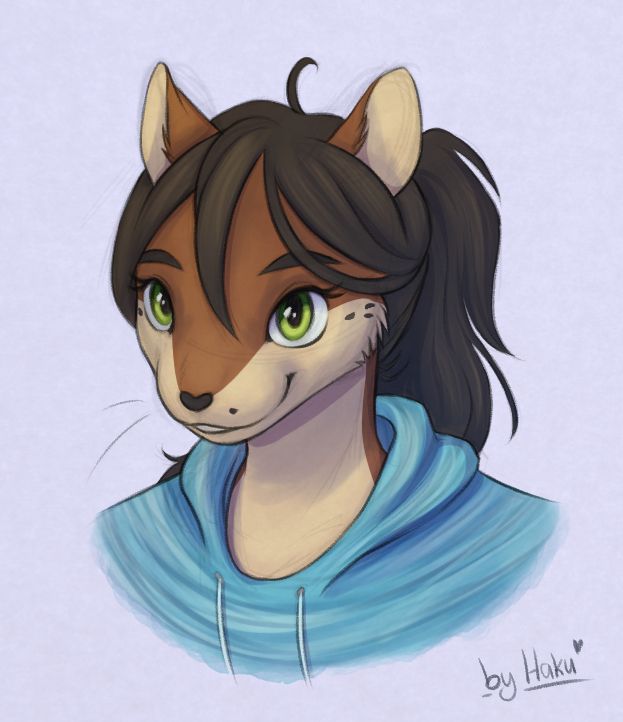 Portrait drawing of a brown squirrel girl with green eyes, wearing a blue hoodie.