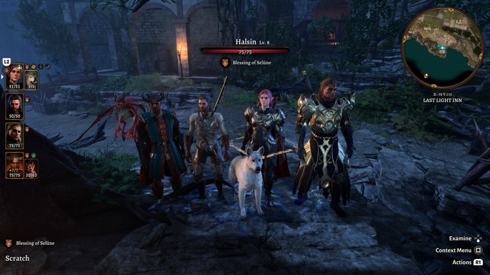 A screenshot of my original good dark urge bard character along with Wyll, Gale, and Halsin from Baldur’s Gate 3. 