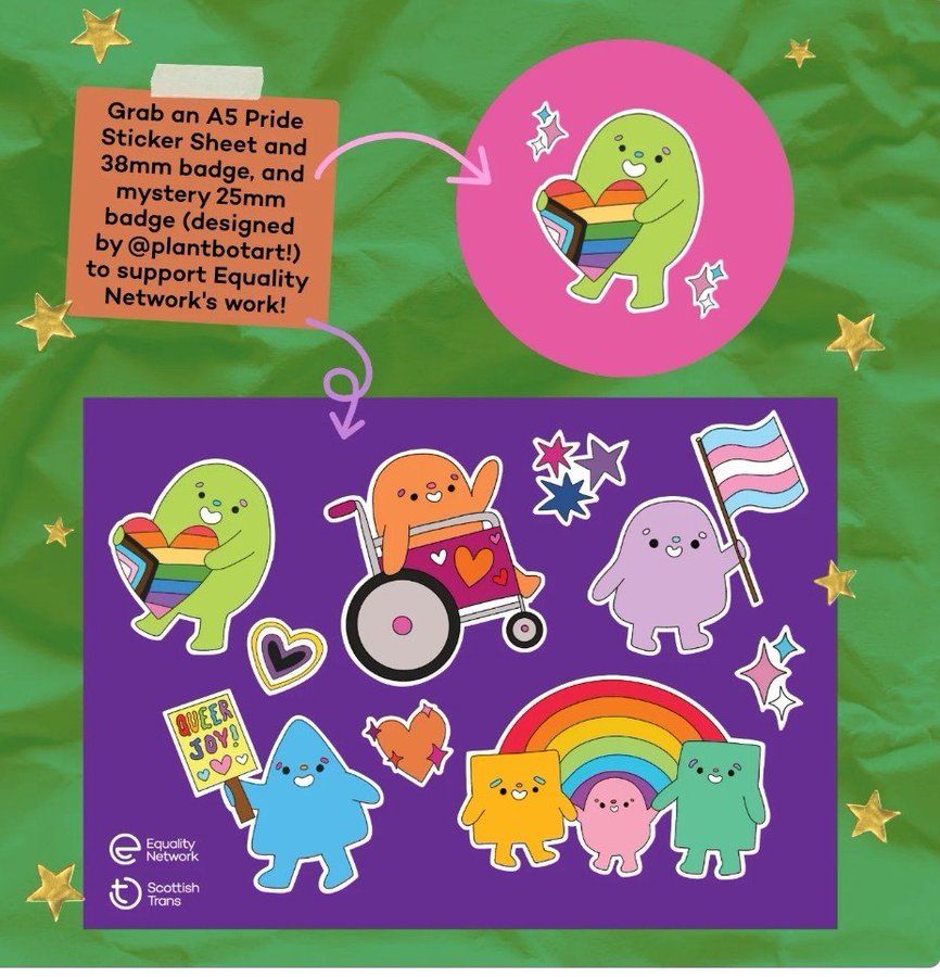 Equality Network Pride sticker sheet showing blue triangle character with "queer joy" sign, purple blob character with trans flag, orange blob in wheelchair and similar