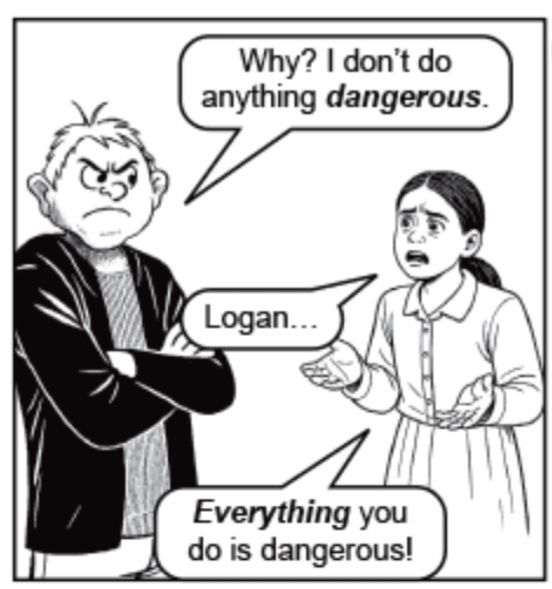 Big guy with child's head folds his arms and scowls while berated by a girl who looks like she's from a different comic