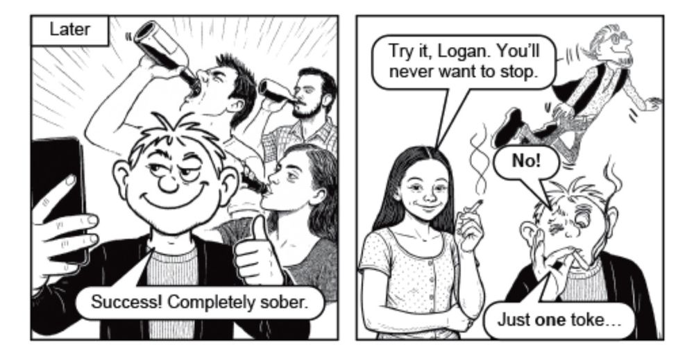 Panels from the 2025 Chick Tract One More Step. A cartoon guy smokes a cigarette, surrounded by people mostly drawn in a semi-realistic style