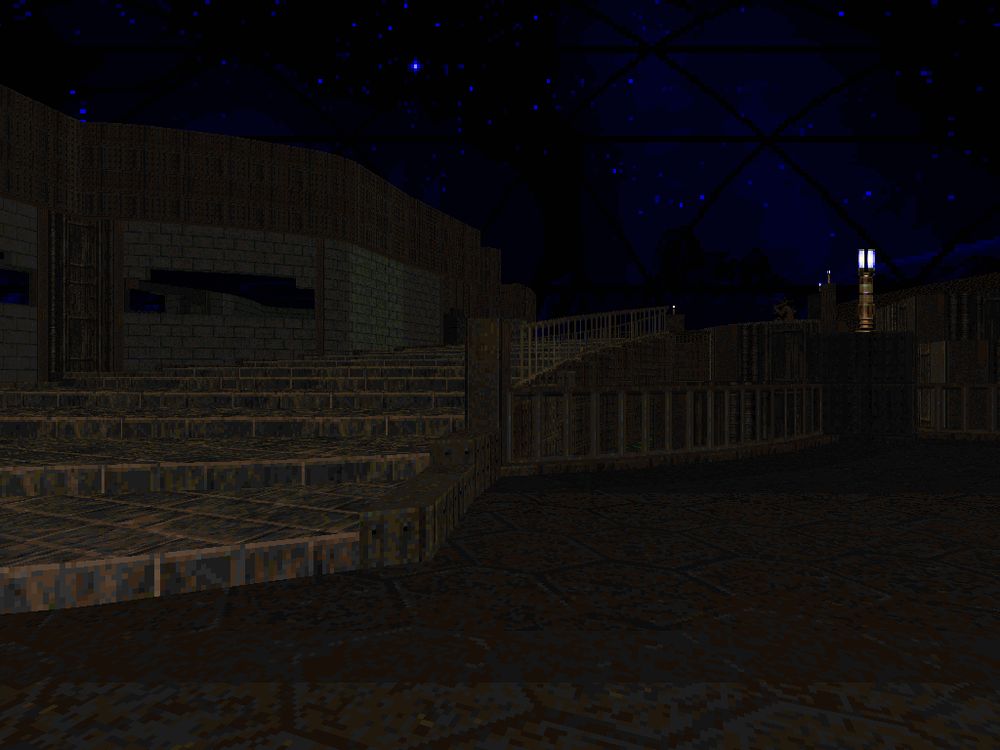 doom screenshot of a curved staircase under a blue sky