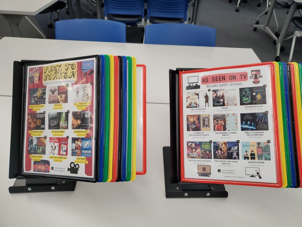 Book menus: "Page to Screen - books made into movies" and "As seen on TV - books with TV series"