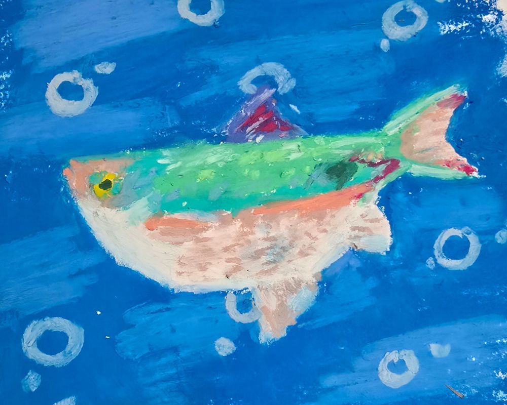 An impressionist oil pastel painting of a fish in the ocean. 