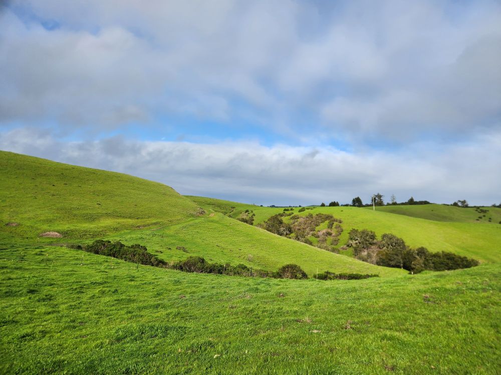 Sun and cloud shadow on green hills