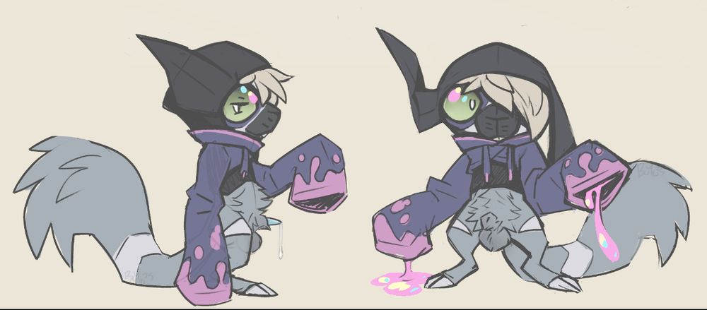 a grafaiai in a large, oversized purple crop top sweatshirt with pink paint splatter pattern on the sleeves. pink paint can be seen dripping from the inside of his sleeves.
he has a rather rodent-like appearance. one of his ears is perked up and the other is flopped down on the same side as his swooped bangs, implying absol ancestry. he has an extremely fluffy exposed tummy, and in the side-profile, the tip of his blue dick can be seen dripping a trail of pre
