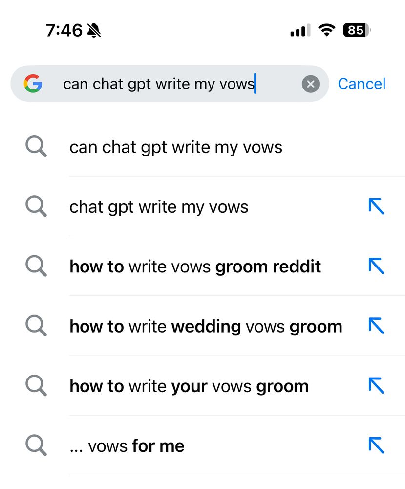 A google seach asking if Chat GPT can write wedding vows. Search results are mostly for grooms.