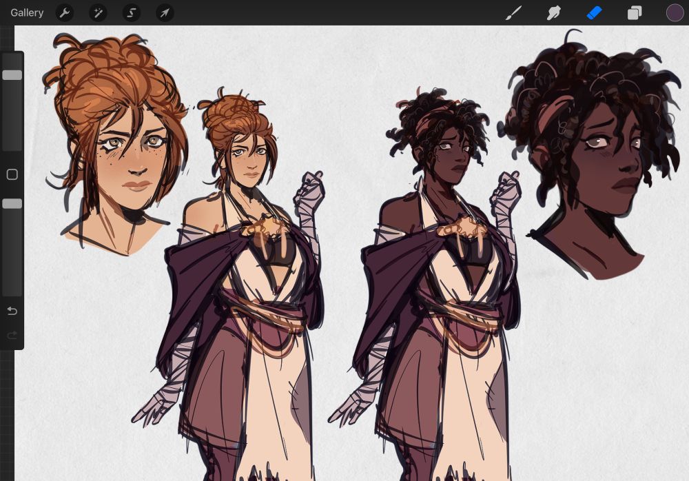 Two character designs of a woman. they’re wearing the same outfit - flowing with exposed shoulders, and bandages around her arms. the difference is her design: one is of a woman with an oval face, lightly tan freckled skin, and straight ginger hair in a bun. The second is of a woman with dark brown skin and coiled black hair in a bun with a headband. 