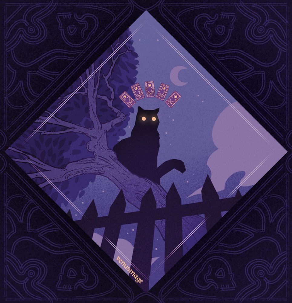 A monochromatic illustration in shades of purple. A diamond-shaped window looks into a scene of a cat sitting above a fence in a tree. The cat has no distinguishing features except for glowing yellow eyes. A spread of tarot cards float over it's head.