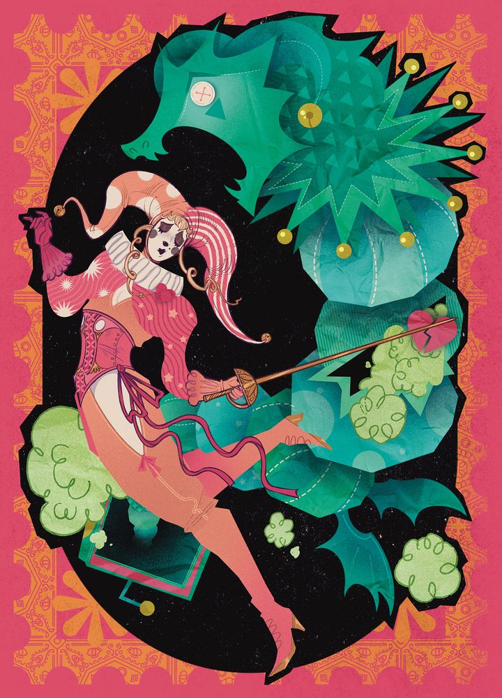 A jester in an all pink outfit, blonde hair and white facepaint strikes a pose as her rapier cuts through a papercraft dragon in the shape of a jack-in-the-box.
