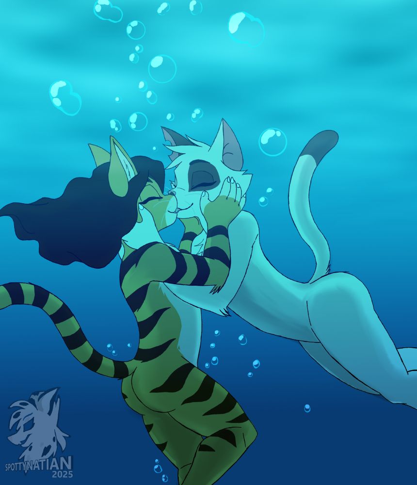 Chi-Chi the Cat and boyfriend's fursona, floating and kissing underwater.