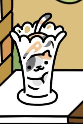 ねこあつめの画面。うすみけさんがガラスの花瓶の中に入っている。