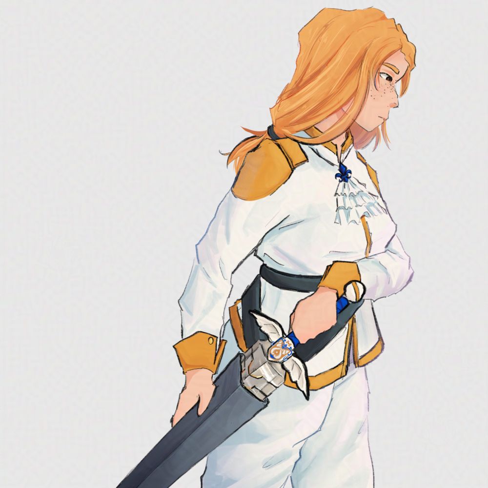 Drawing of a blond girl dressed in a white and golden suit holds a sword looking to the right. 
