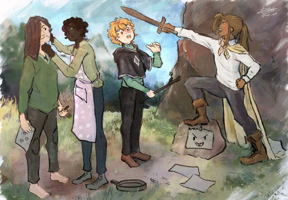 A drawing where group of children are playing pretend. From left to right the characters are Abby, Sol, Alyan and Kana, from the Emayssa Animatic Series.