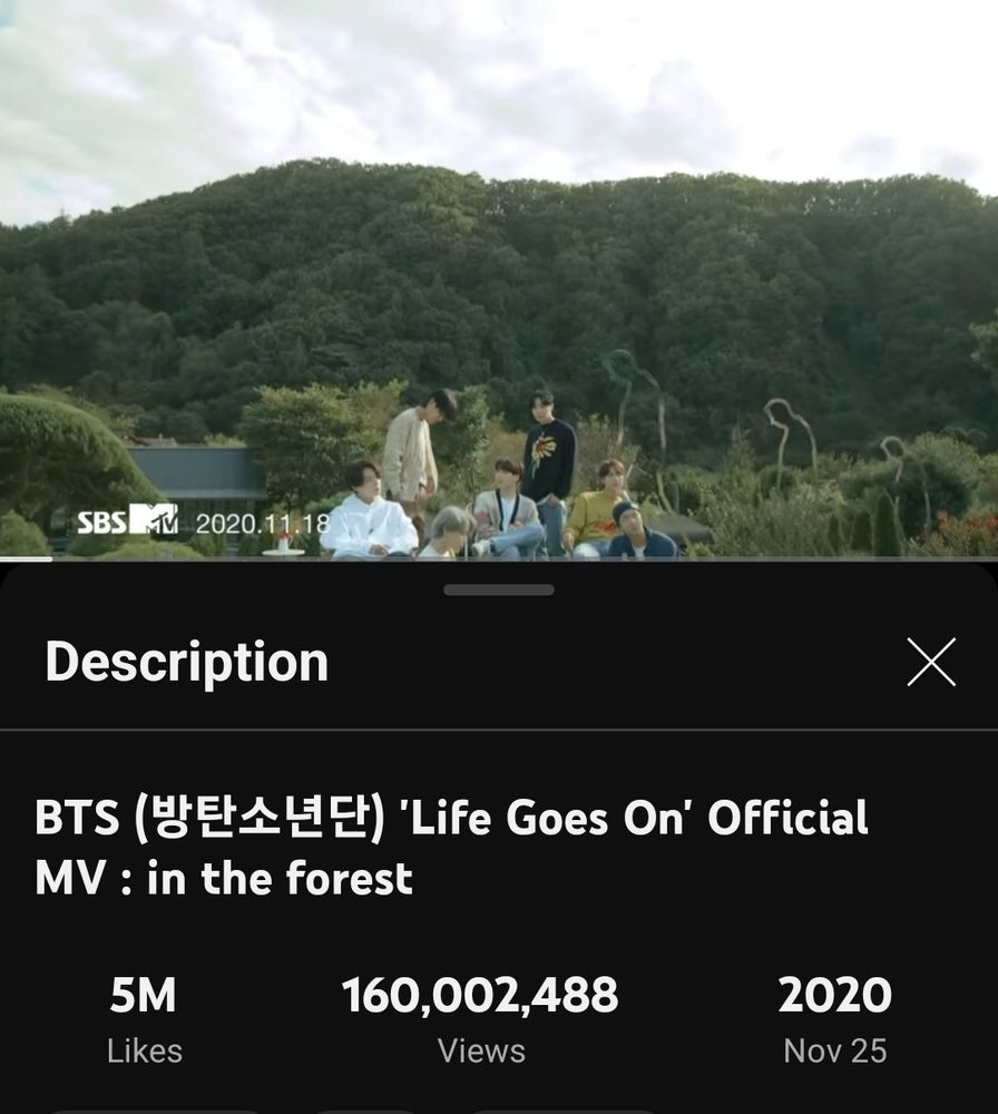 Screenshot showing the YouTube views for Life Goes On Official MV: In The Forest by BTS.