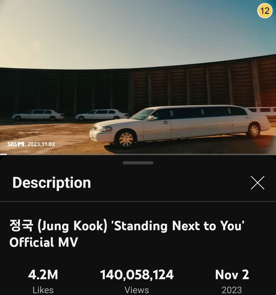 Screenshot showing the YouTube views for Standing Next To You by Jungkook of BTS.