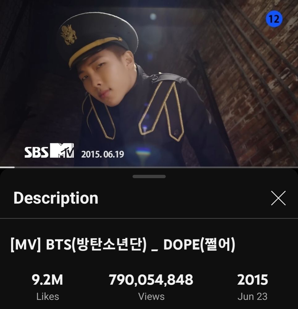 Screenshot showing the YouTube views for Dope by BTS.