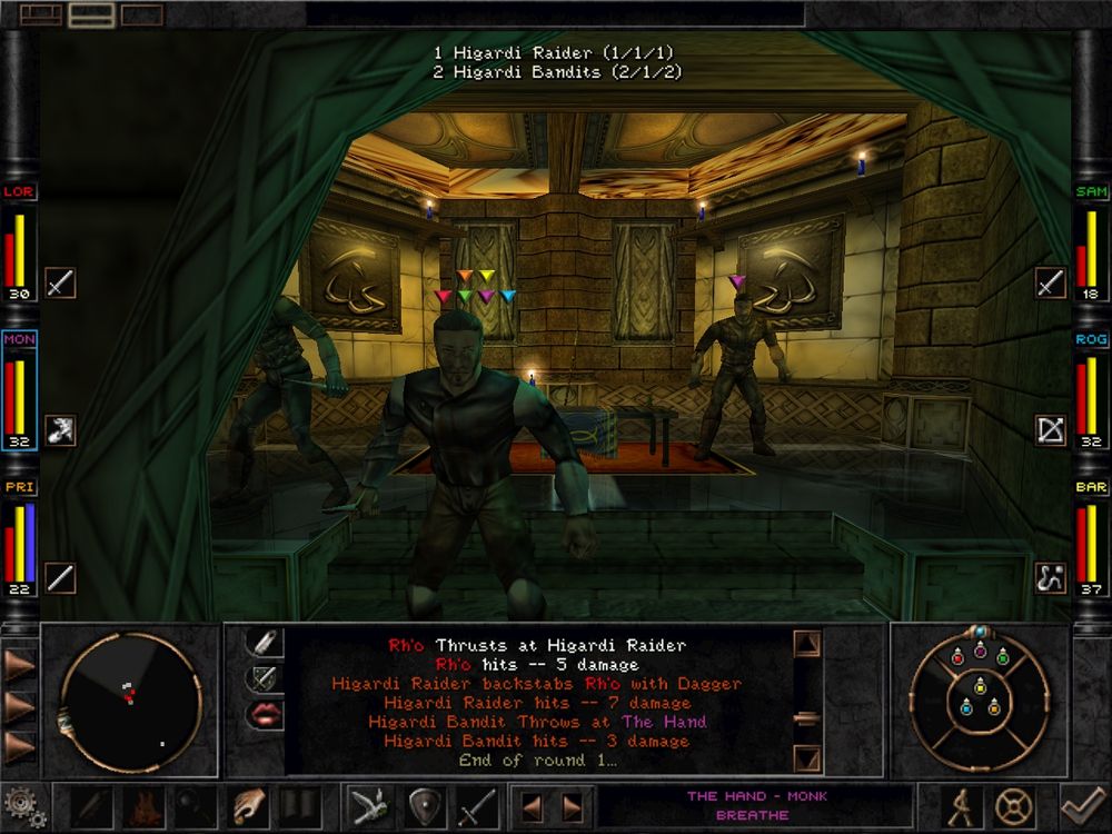 a screenshot of wizardry 8. bandits accost the player in a study.
