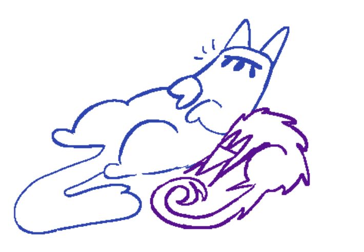 solitude and fear as cats. solitude rests on their back, visibly relaxed with their eye closed and their tail out below them. fear, somewhat smaller, is curled up next to them, seemingly comfortable with their fur less spiked, and their tail wrapped close to them