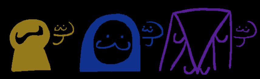 greed, solitude and fear, all attempting to do a :3 face. greed's face hole is scrunched up into a mouth-esque shape, solitude has shaped their 'pupil' into a :3, and fear's whisker appendages are curled upward.