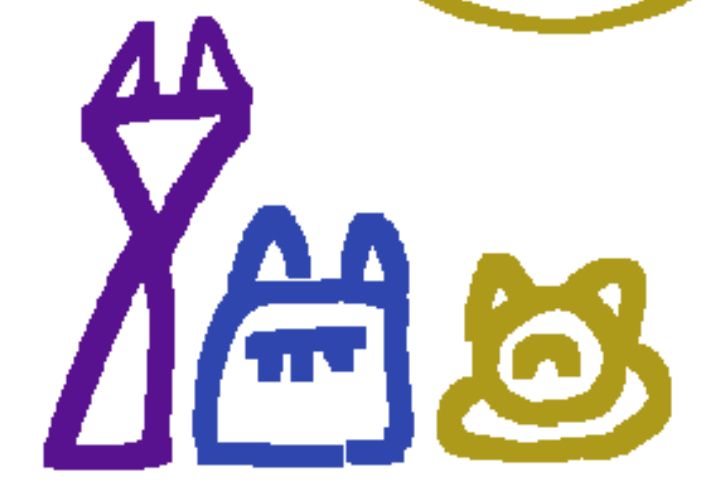 a tiny doodle of fear, solitude and greed as heavily simplified cats. fear is reduced to four triangles, solitude is a square with tiny ears and their eye closed, and greed is a circle on top of an oval, with small ears and a happy expression.