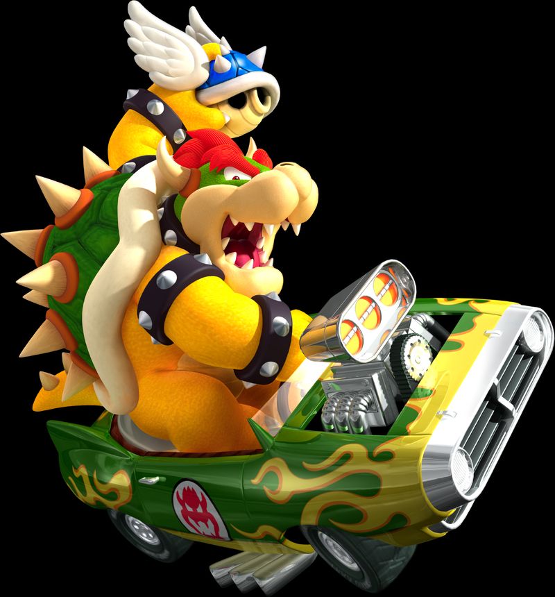Bowser from Mario Kart Wii holding a spiny blue shell