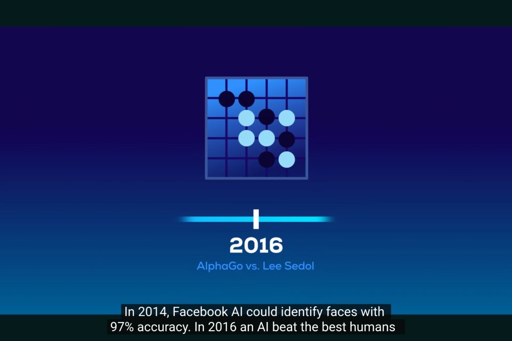 A screenshot of a video, saying: In 2016 an AI beat the best humans in the incredible complex game of Go.